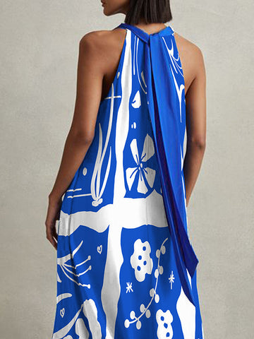 A-Line Loose Printed Tied Heaps Collar Maxi Dresses