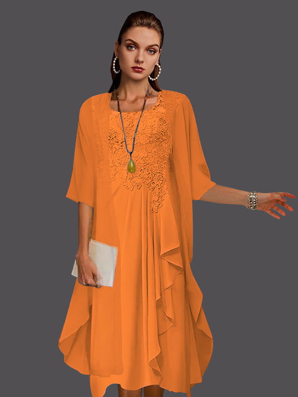 Zweiteiliges, ärmelloses A-Linien-Kleid aus Chiffonspitze mit Faltenapplikationen 