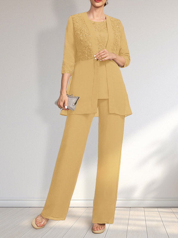 Jumpsuit/Hosenanzug-Set, bodenlanges Chiffon-Spitzenkleid mit Pailletten für die Mutter der Braut mit Rundhalsausschnitt