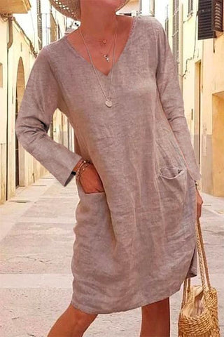 Meridress V Neck Long Sleeve Pockets Cotton Linen Dress