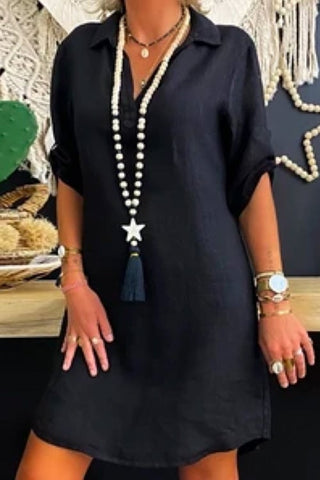 Meridress Lapel V Neck Roll Up Sleeve Shirt Dress