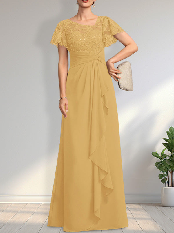 A-Linien-Kleid aus asymmetrischem Chiffon mit Illusion-Effekt, bodenlang, mit Kaskadenrüschen und Pailletten für die Mutter der Braut 