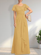 A-Linien-Kleid aus asymmetrischem Chiffon mit Illusion-Effekt, bodenlang, mit Kaskadenrüschen und Pailletten für die Mutter der Braut 