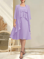 A-Linien-Chiffonkleid mit Rundhalsausschnitt und Perlenstickerei, knielang, für die Mutter der Braut