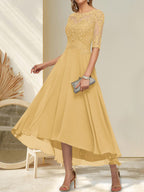 A-Linien-Kleid mit U-Boot-Ausschnitt, Illusion-Effekt, asymmetrischem Chiffon-Spitzenbesatz und Paillettenstickerei für die Mutter der Braut.