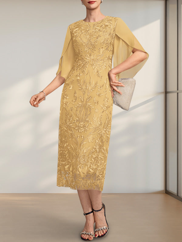 Etuikleid/Säulenkleid mit Rundhalsausschnitt, Teelänge, aus Spitze und Chiffon, ideal für die Mutter der Braut
