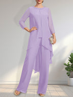 Zweiteiliger Jumpsuit/Hosenanzug, bodenlanges Chiffonkleid für die Mutter der Braut mit Paillettenbesatz und Rundhalsausschnitt.