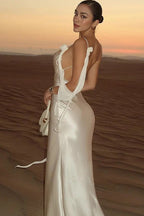 Solid Satin Floral Backless Elegant Maxi Dress