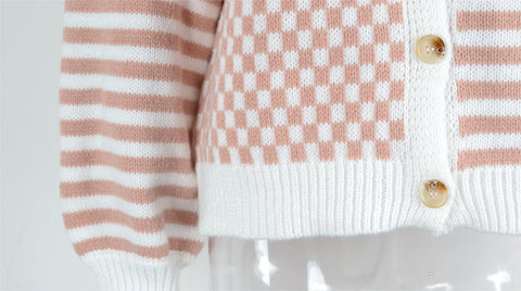 Cárdigan de punto con costura a cuadros y rayas para otoño e invierno para mujer 