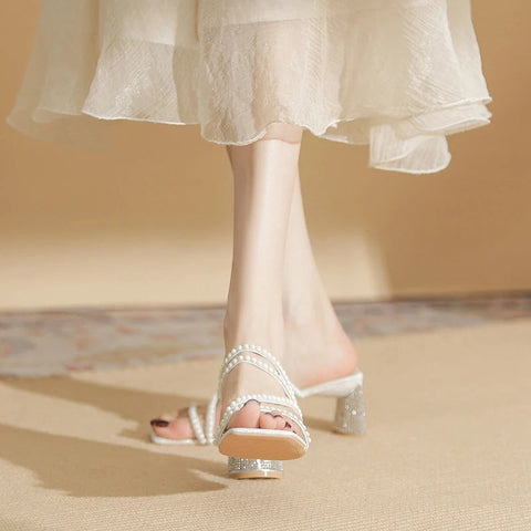 summer new coarse heel sandals women's head pearl slippers rhinestones fashion everything temperament high heels 6cm