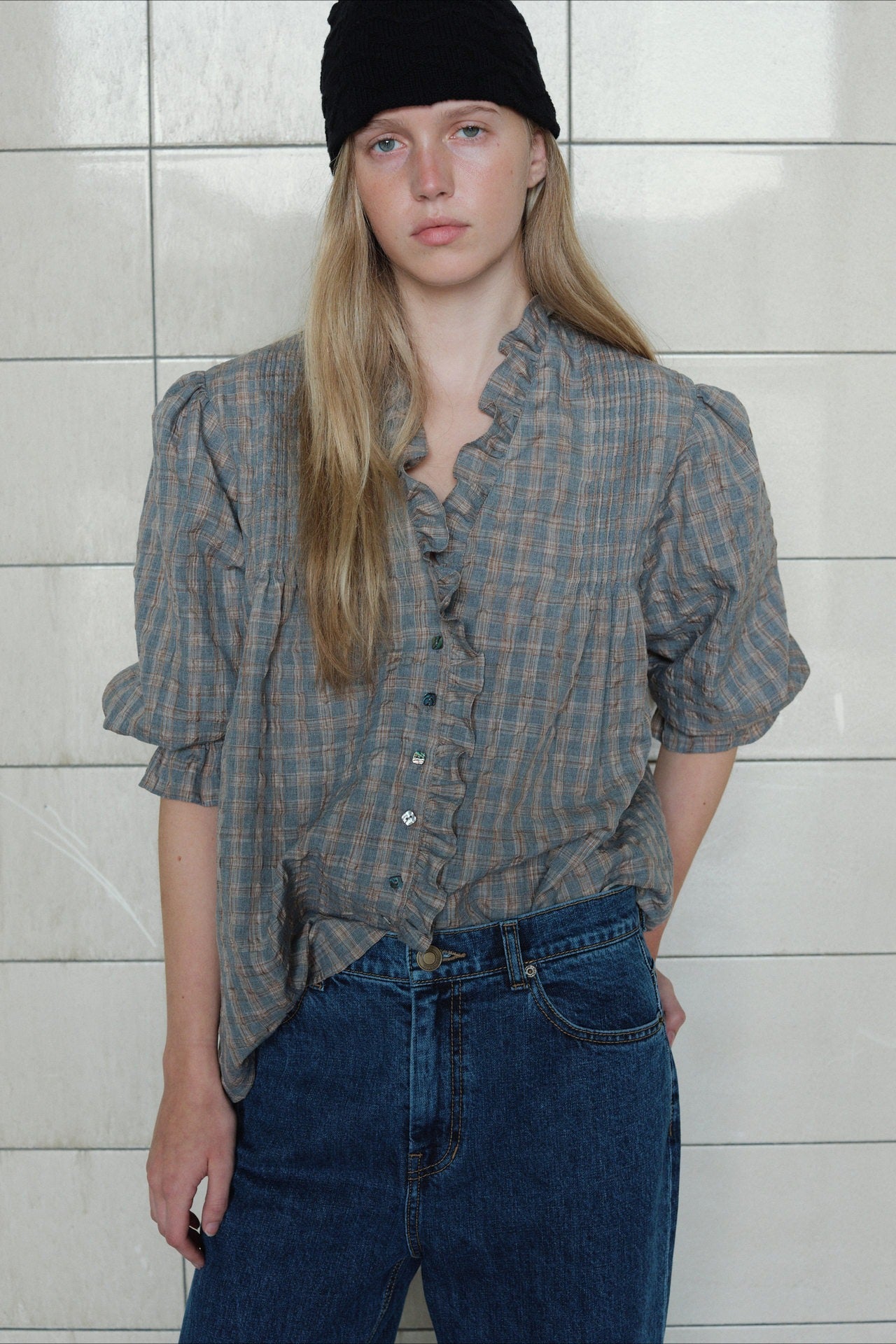 Casual Plaid Ruffle Long Sleeve Blouse