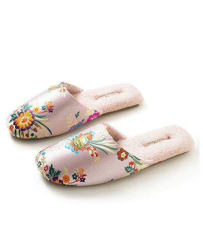 Retro Grün Satin Stickerei Hausschuhe Schuhe Fuzzy Wolle Gefüttert 