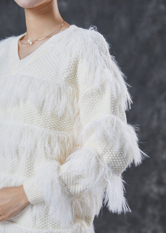 Simple White V Neck Patchwork Knit Sweater Tops Winter