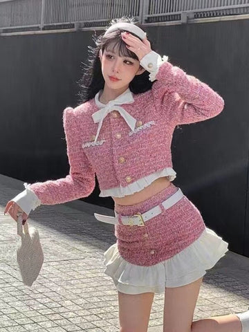 Y2K Tweed 2-teiliges Set für Frauen, Kurzjacke, Mantel + Minirock, Anzüge mit Gürtel, Herbst/Winter, hochwertige koreanische schicke Outfits 