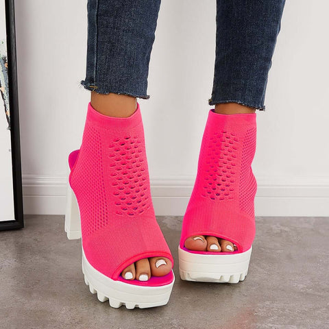 Mesh Peep Toe Platform Chunky High Heels Slingback Sandals