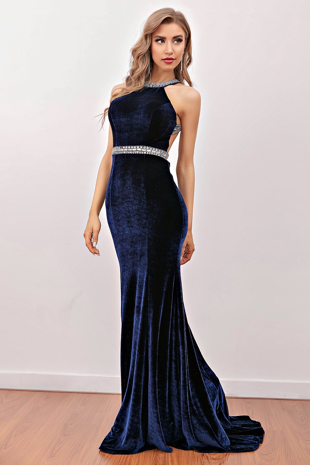 Langes, marineblaues Meerjungfrauen-Samt-Abendkleid