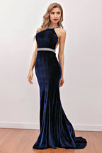 Langes, marineblaues Meerjungfrauen-Samt-Abendkleid