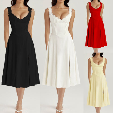Strap Dress Women Summer Elegant Lace V Neck Fitted Waist Backless Lace Up Midi Dress – Best Summer Dress for Women