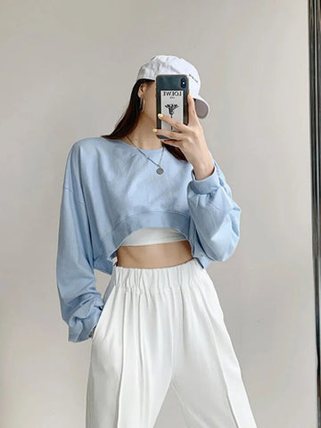 Camiseta de moda coreana Y2K para mujer, top corto holgado sexy liso con cuello redondo y manga larga, ropa urbana vintage Y2K, ropa gótica 