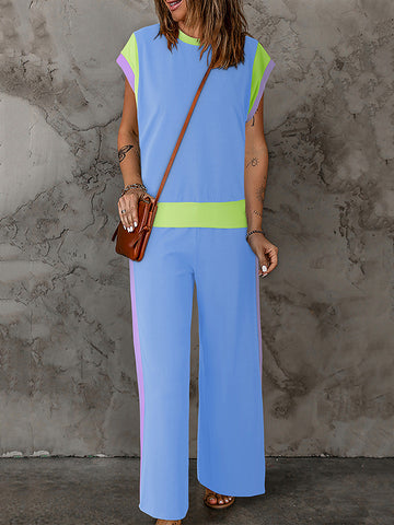 Loose Raglan Sleeve Contrast Color Split-Joint Round-Neck T-Shirt Top + Elasticity Pockets Pants Bottom Two Pieces Set