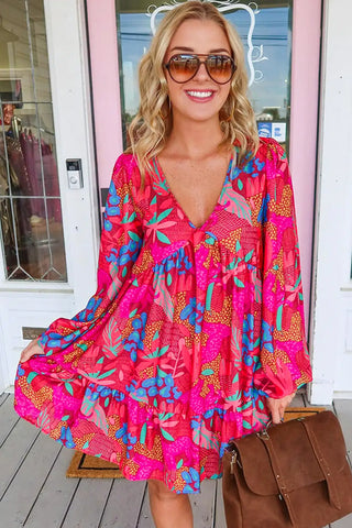 rose floral v neck bubble sleeve mini dress