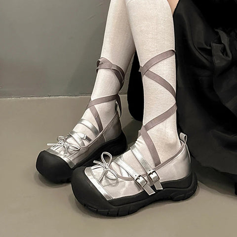 Flats Bow Ballet Dance Shoes Women Rome Shallow Sandals 2024 Autumn Designer New Platform Shoes Fashion Lace Up Female Chaussure