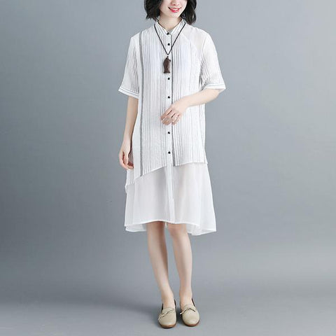 Women Stand Collar Single Breasted Stripe Black Dress