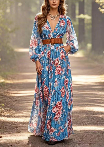 Art Blue Cinched Floral Cotton Ankle Dress Frühling 