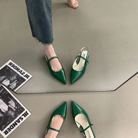 Sandalias de verano con punta puntiaguda para mujer, zapatos planos de tacón bajo a la moda, elegantes zapatos de oficina para exteriores, tipo mulas con tira trasera. 