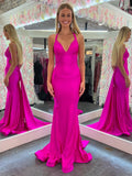 Meerjungfrauen-Abendkleid aus rosa Satin mit V-Ausschnitt und offenem Rücken