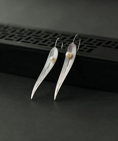 Pendientes colgantes de hojas de bambú con perlas de plata de ley y seda para mujer 