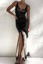 Lace Ruffled Patchwork Asymmetrical Spaghetti Strap Slit Maxi Dress