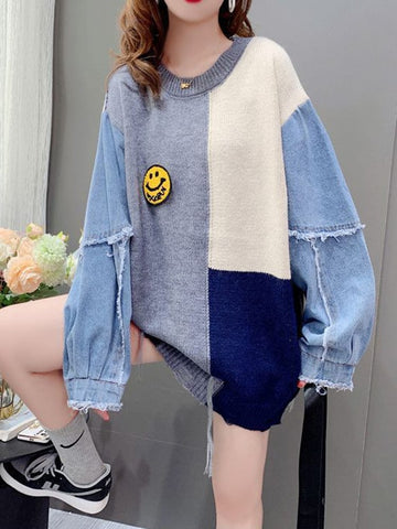 Denim Patchwork Long Sleeve Sweater