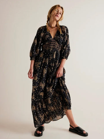 A-Line Flowy Dress Printed V-Neck Puff Sleeves Casual Summer Maxi Dresses