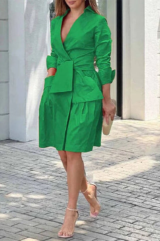 Solid Lace Up V Tie Pocket Office Midi Dress