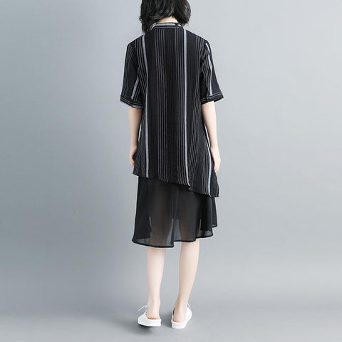 Women Stand Collar Single Breasted Stripe Black Dress