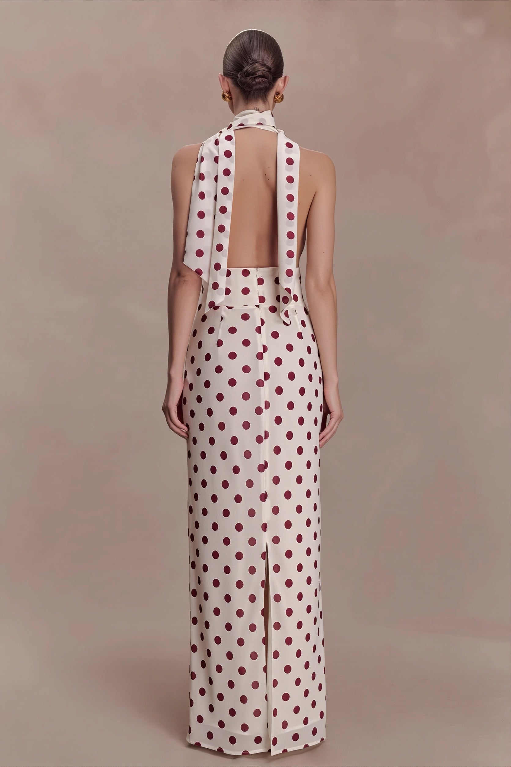 Polka Dot Deep V Tie Bodycon Maxi Dress
