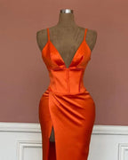 Mermaid V-neck Spaghetti Straps Satin Dress Prom Dresses With Slit
