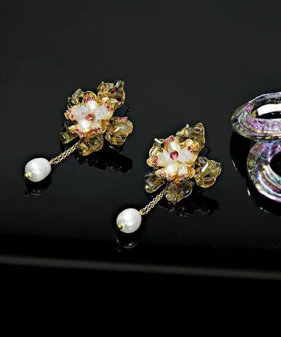 Boho Yellow Copper Pearl Crystal Floral Tassel Drop Earrings