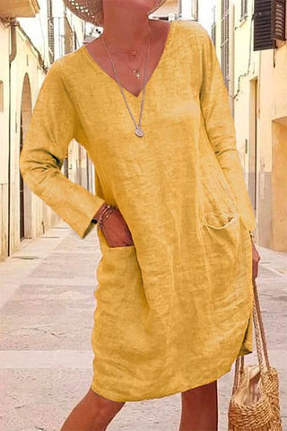 Meridress V Neck Long Sleeve Pockets Cotton Linen Dress