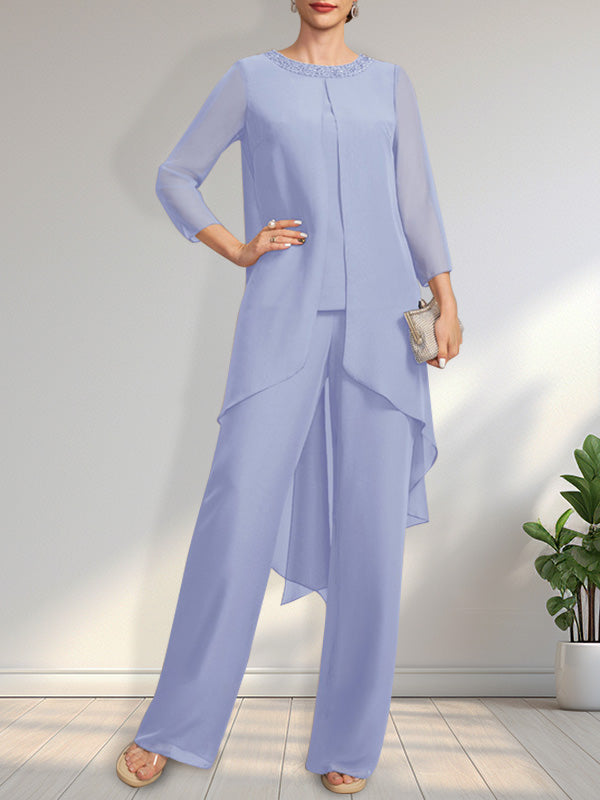 Zweiteiliger Jumpsuit/Hosenanzug, bodenlanges Chiffonkleid für die Mutter der Braut mit Paillettenbesatz und Rundhalsausschnitt.
