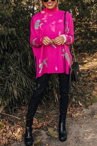 Suéter Meridress con cuello alto, abertura lateral y estampado de guepardo