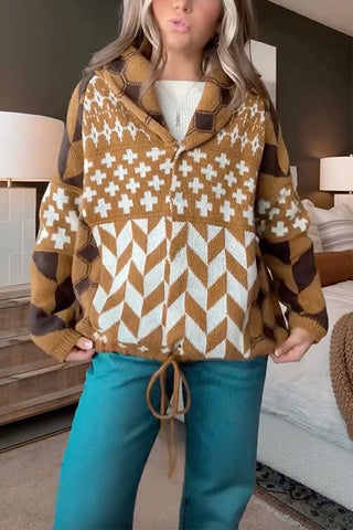 Suéter tipo cárdigan con estampado geométrico y dobladillo con cordón ajustable de Meridress