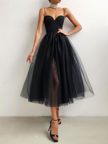Vestido negro para mujer, escote corazón, sin mangas, para fiesta de cumpleaños, vestidos midi 