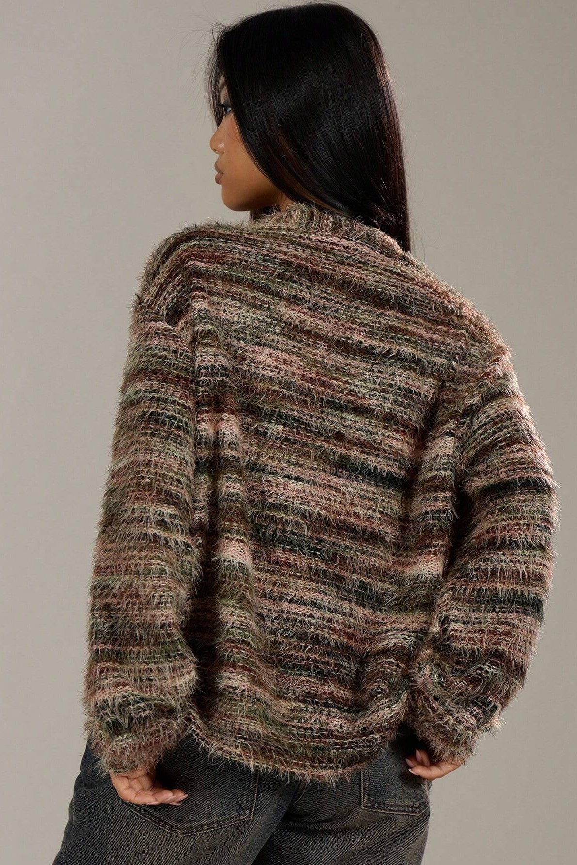 New Retro Fashion Deep V-Neck Maillard Plush Long-Sleeve Knit Cardigan