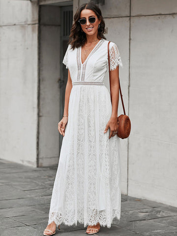 V-Neck Maxi Dress Short Sleeves Casual Long Dress