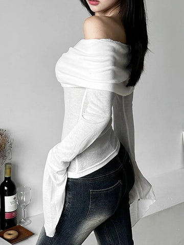 Camisetas de moda sencillas con estética Y2k para mujer, camisetas casuales lisas de manga larga con cuello oblicuo, camisetas vintage con hombros descubiertos y tendencia. 