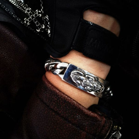 Sterling Silver Buddhist Mantra Pixiu Curb Chain Bracelet
