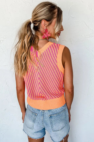 Chaleco de punto con cuello en V de color rosa chevron 