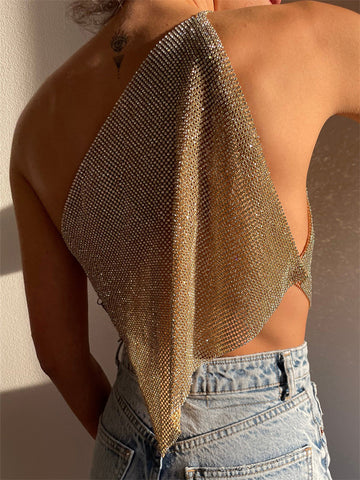 Tossy Glitter Backless Sexy Tank Top – Weibliche Patchwork Off-Shoulder Pailletten Club Party Y2k Sparkle Weste 